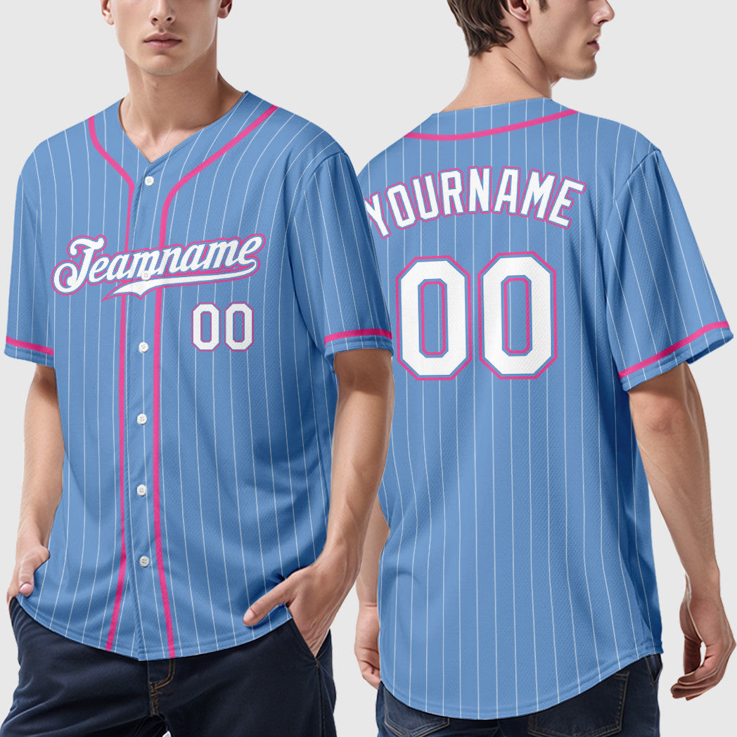 Custom Light Blue White Pink Piping Pinstripe Feature Baseball Jersey