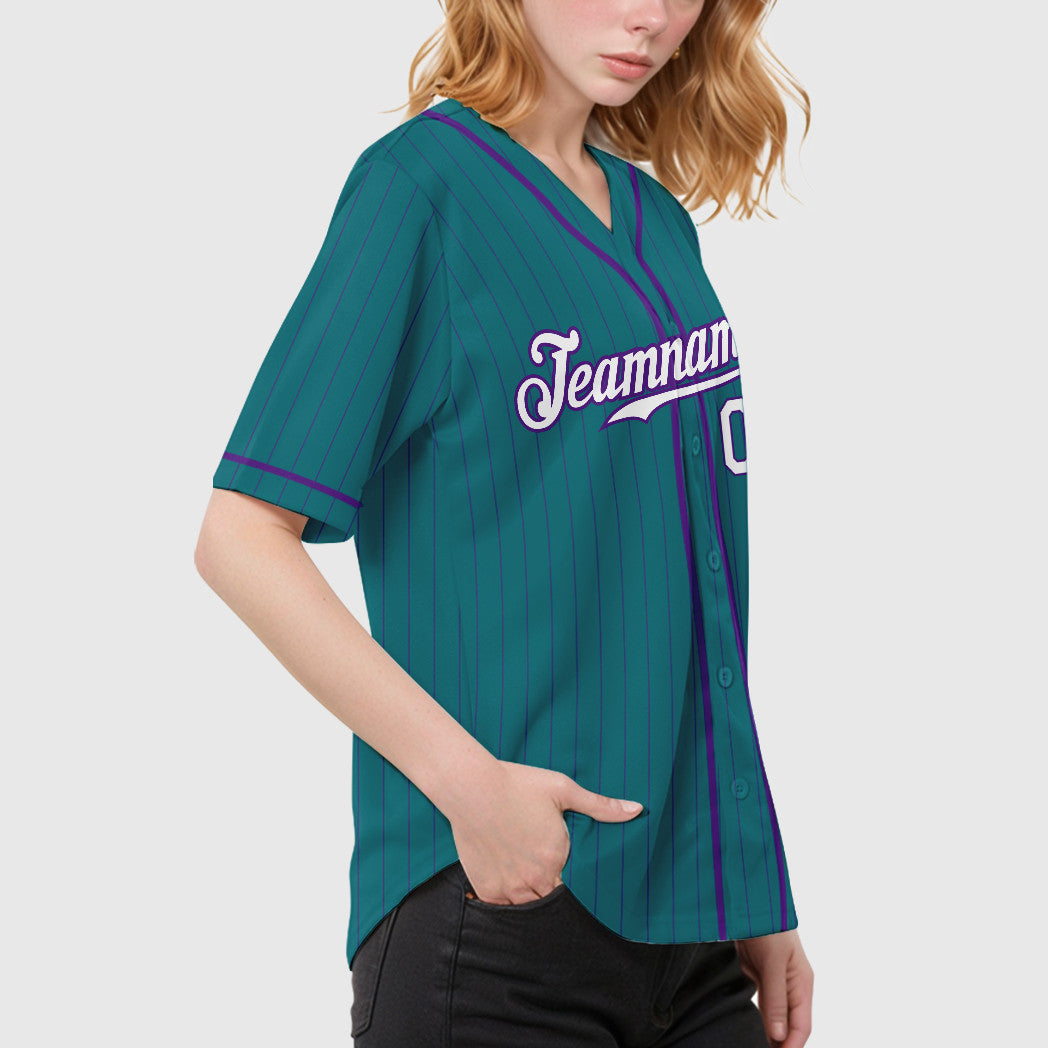 Custom Teal Purple White-Purple Piping Pinstripe Baseball Jersey