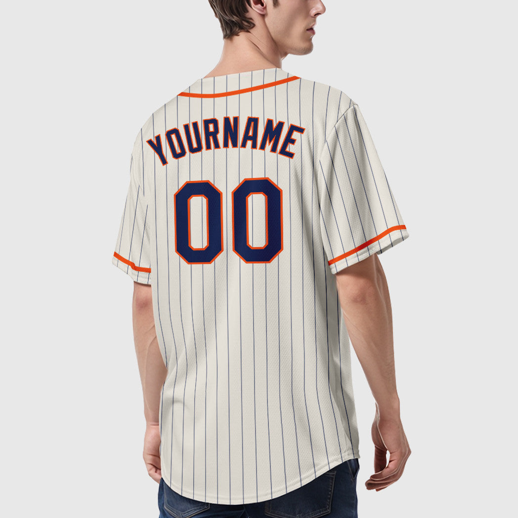 Custom Cream Navy Orange Piping Pinstripe Baseball Jersey