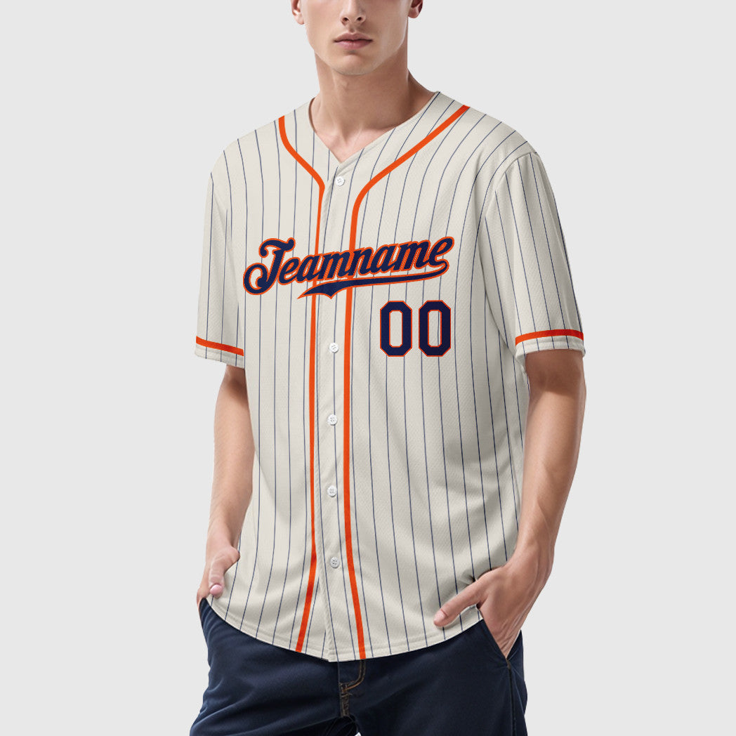 Custom Cream Navy Orange Piping Pinstripe Baseball Jersey