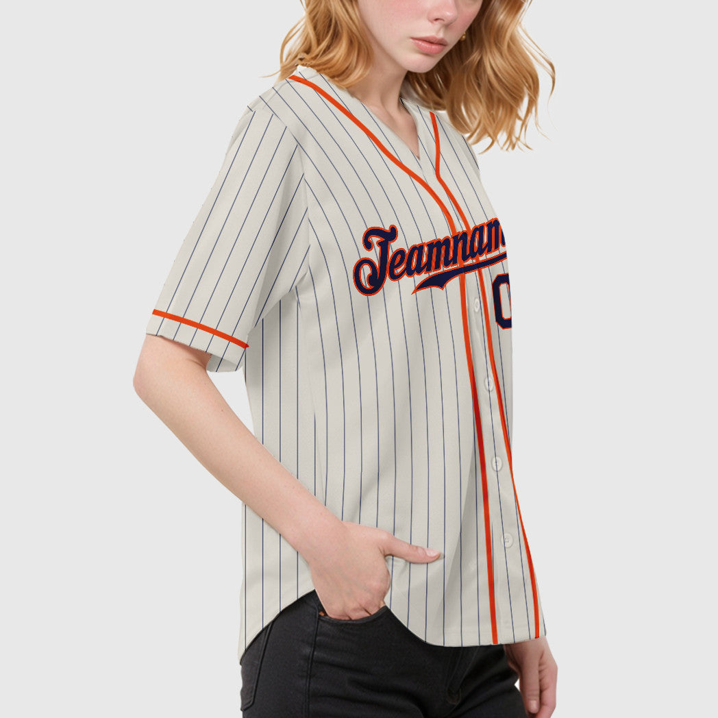 Custom Cream Navy Orange Piping Pinstripe Baseball Jersey