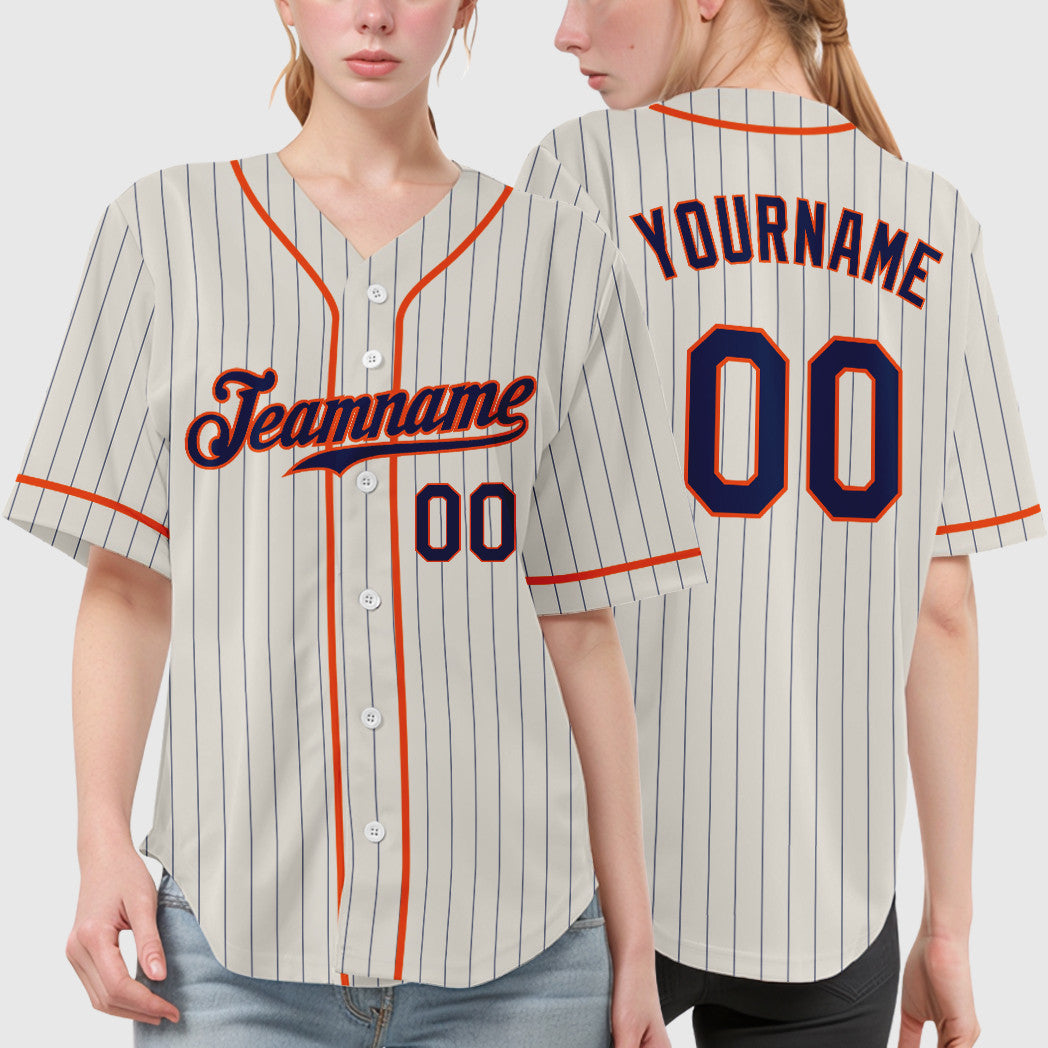 Custom Cream Navy Orange Piping Pinstripe Baseball Jersey
