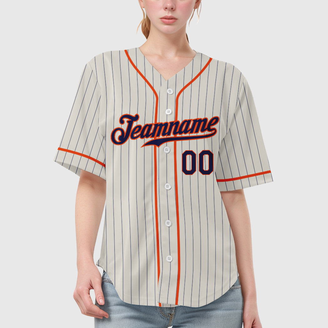 Custom Cream Navy Orange Piping Pinstripe Baseball Jersey
