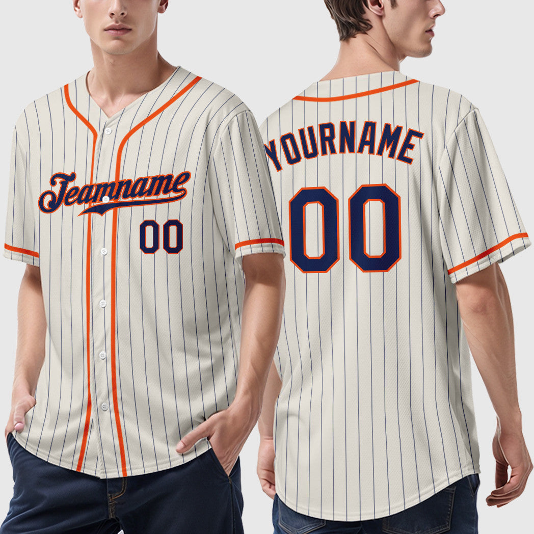 Custom Cream Navy Orange Piping Pinstripe Baseball Jersey