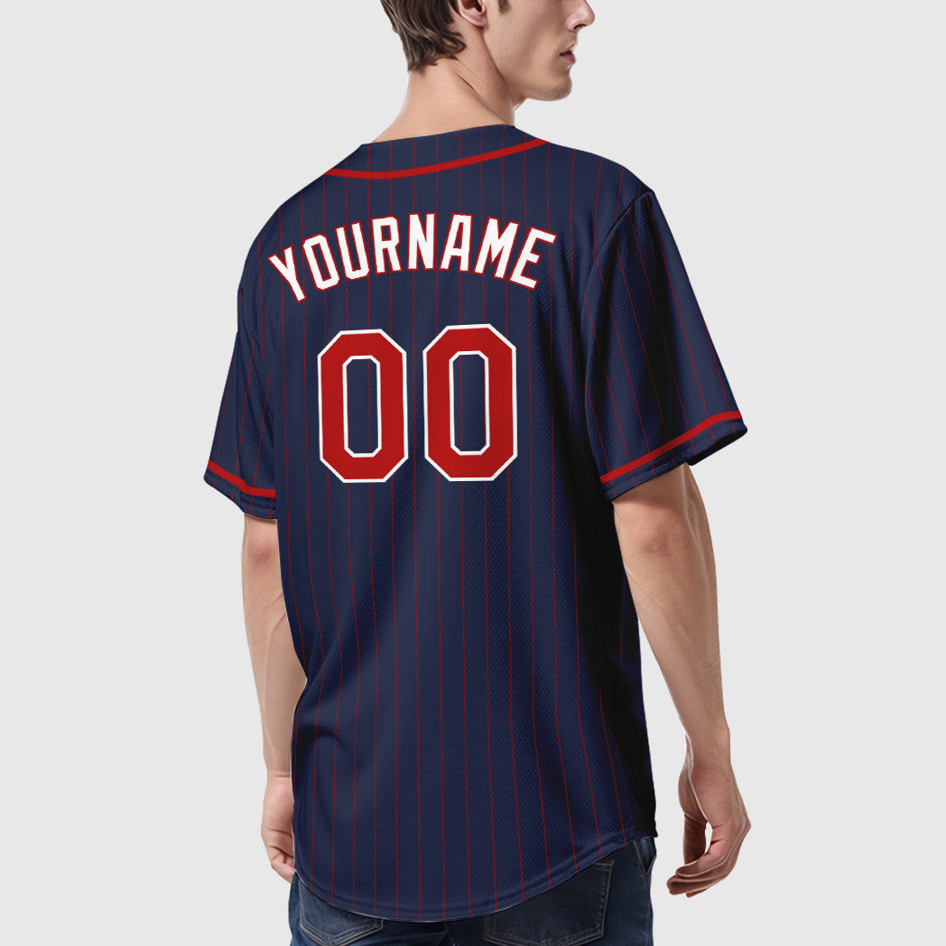 Custom Navy Red Red-White Piping Pinstripe Baseball Jersey