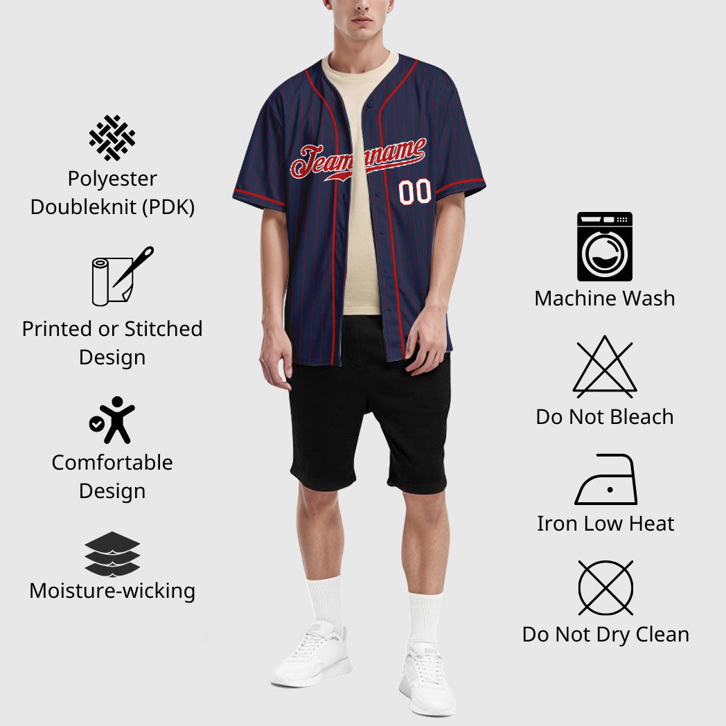 Custom Navy Red Red-White Piping Pinstripe Baseball Jersey