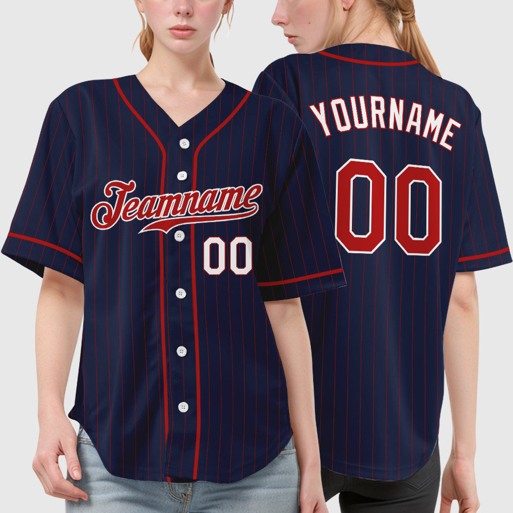 Custom Navy Red Red-White Piping Pinstripe Baseball Jersey
