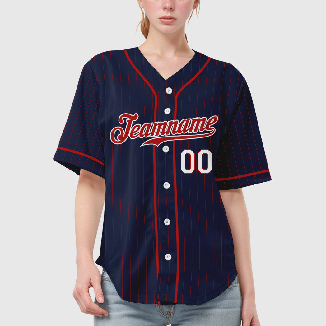 Custom Navy Red Red-White Piping Pinstripe Baseball Jersey