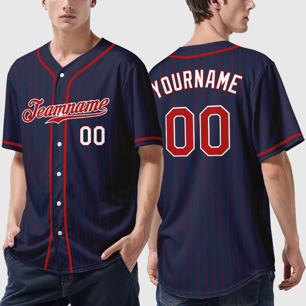 Custom Navy Red Red-White Piping Pinstripe Baseball Jersey