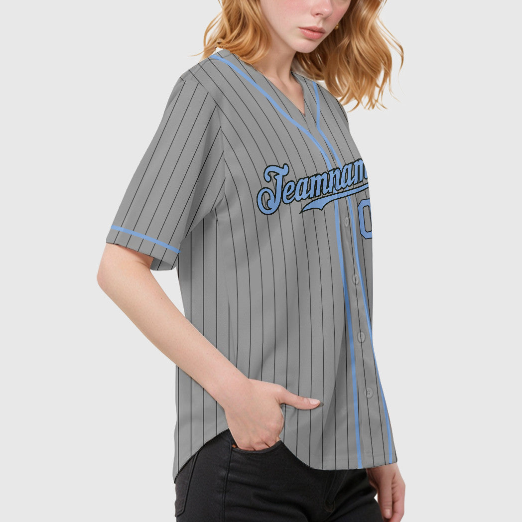 Custom Gray Black Light Blue Piping Pinstripe Baseball Jersey