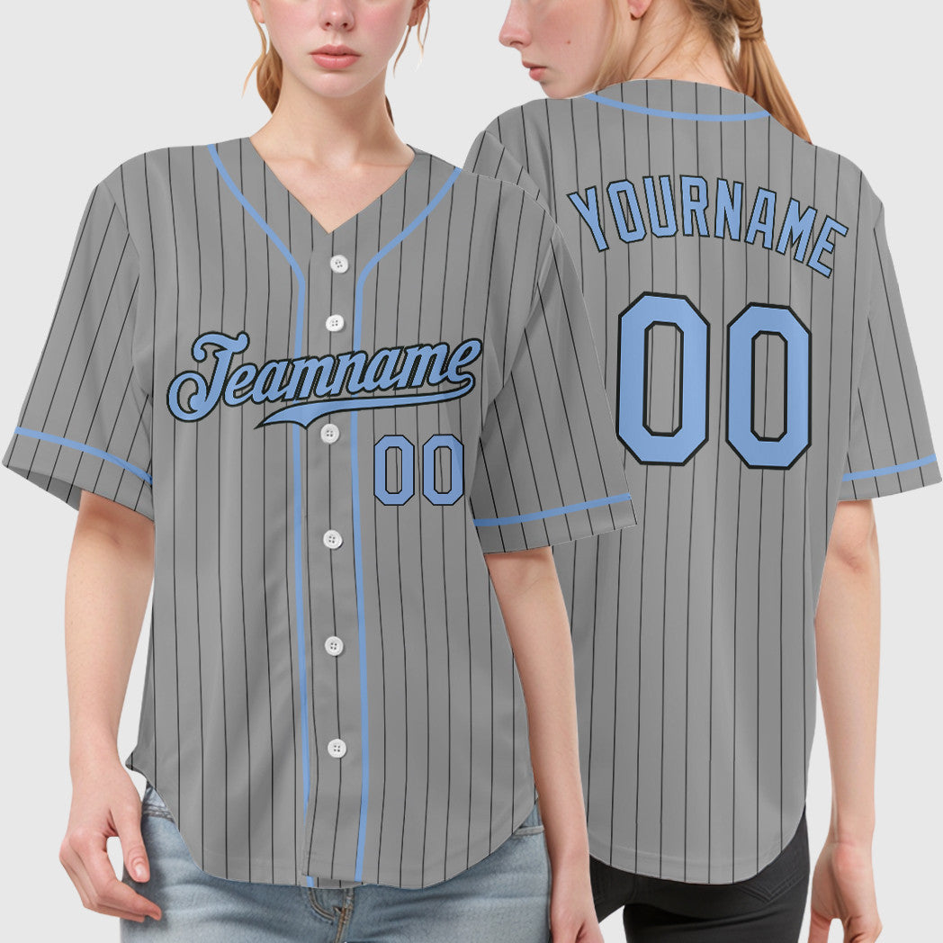 Custom Gray Black Light Blue Piping Pinstripe Baseball Jersey