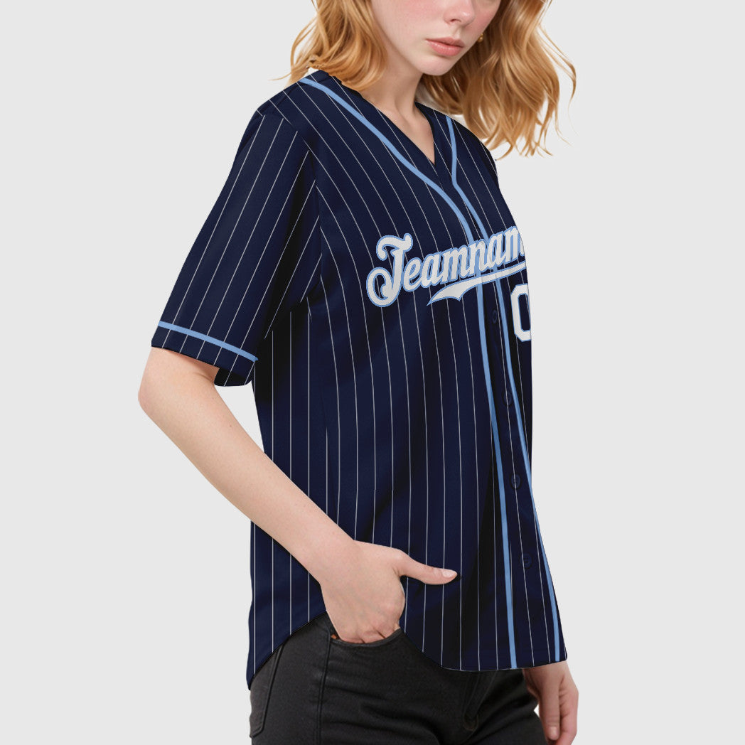 Custom Navy White White-Light Blue Piping Pinstripe Baseball Jersey