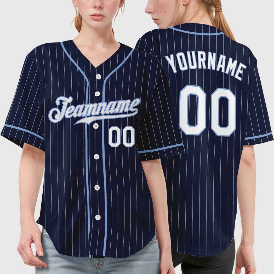 Custom Navy White White-Light Blue Piping Pinstripe Baseball Jersey