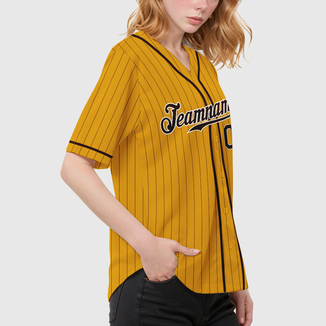 Custom Gold Brown Brown-White Piping Pinstripe Baseball Jersey