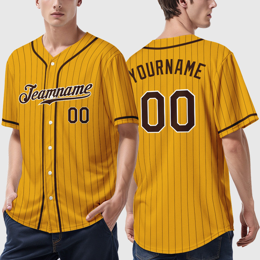 Custom Gold Brown Brown-White Piping Pinstripe Baseball Jersey