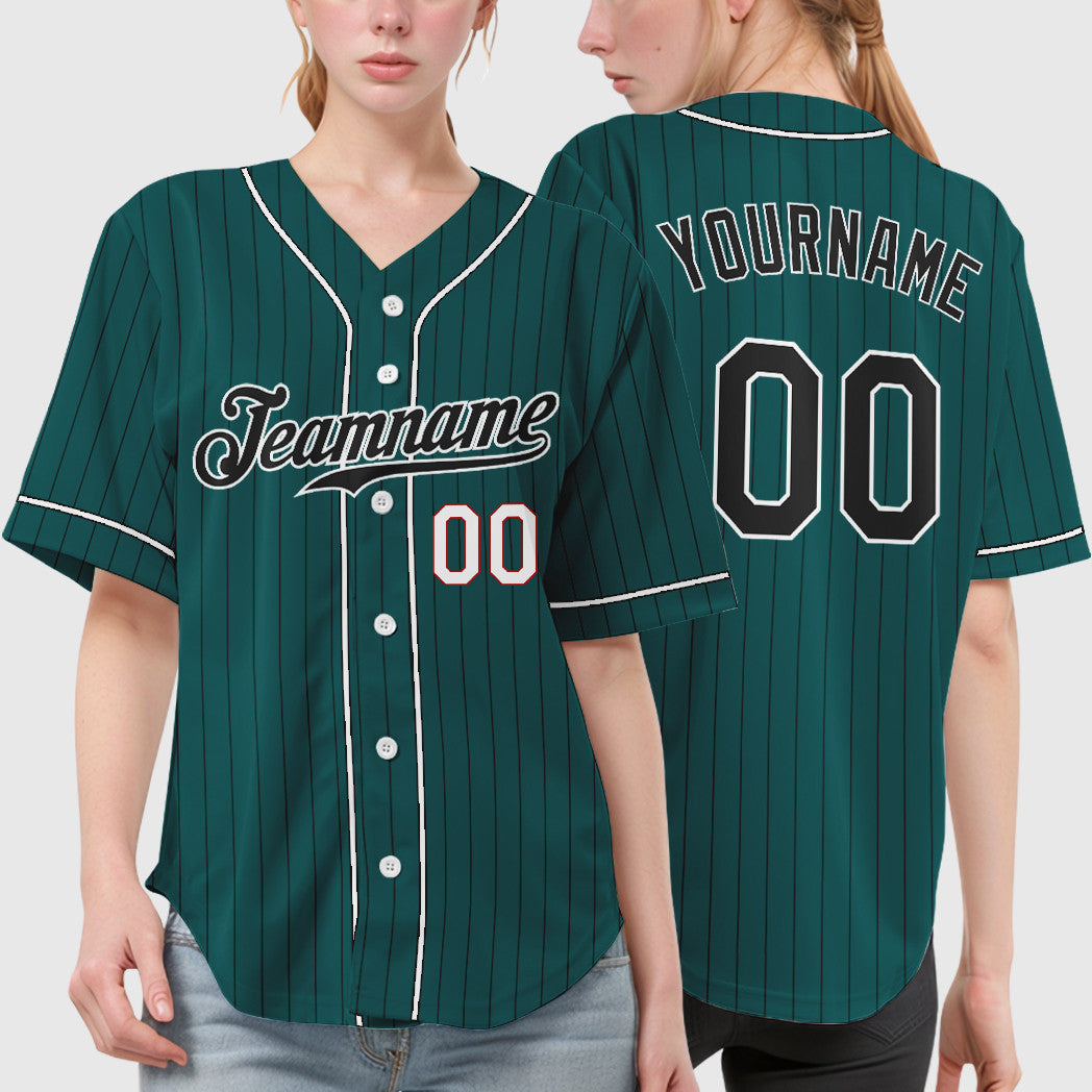 Custom Teal Black Black-White Piping Pinstripe Baseball Jersey