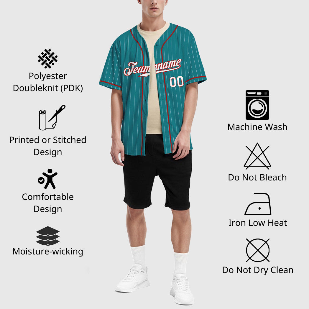 Custom Teal White White-Red Piping Pinstripe Baseball Jersey