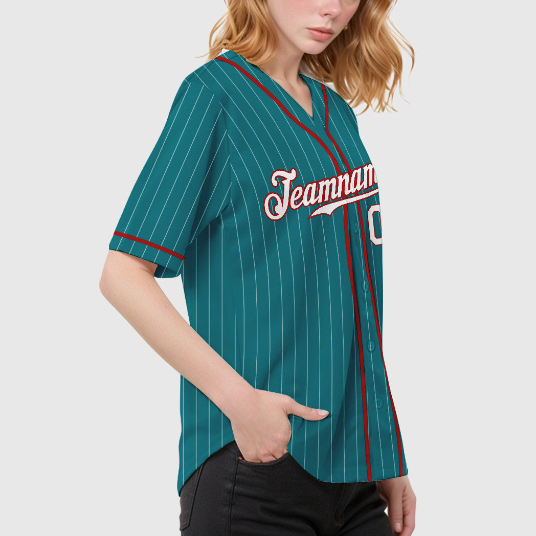 Custom Teal White White-Red Piping Pinstripe Baseball Jersey