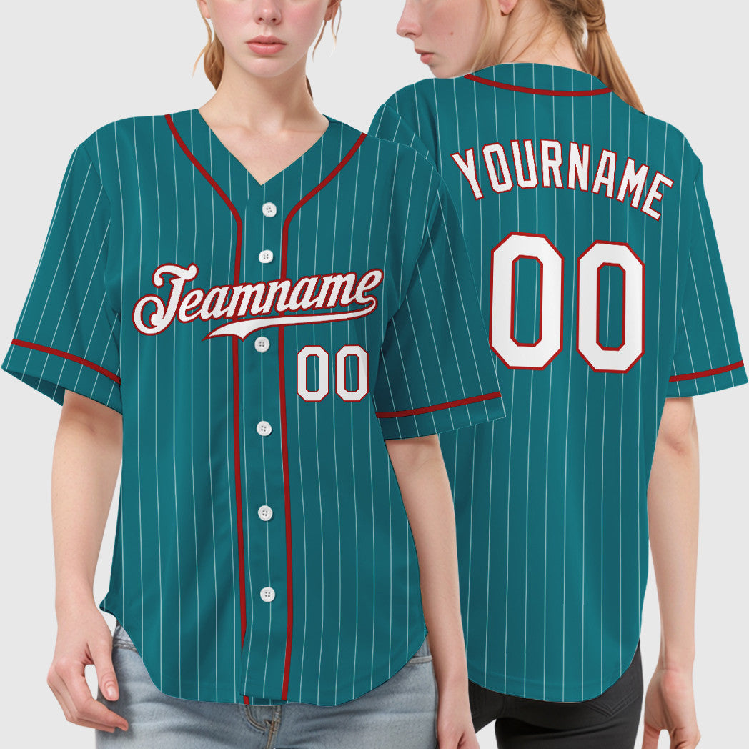 Custom Teal White White-Red Piping Pinstripe Baseball Jersey