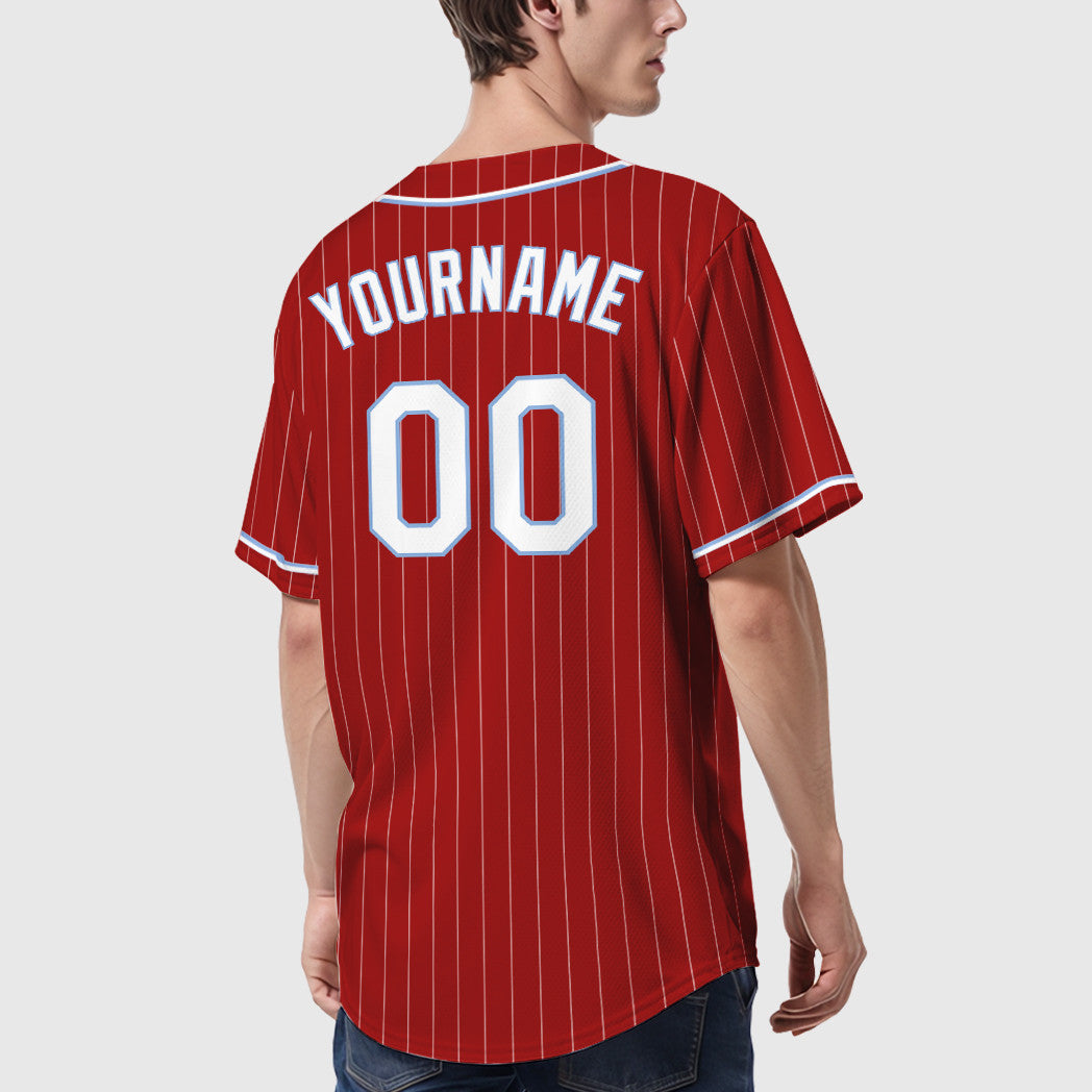 Custom Red White White-Light Blue Piping Pinstripe Baseball Jersey