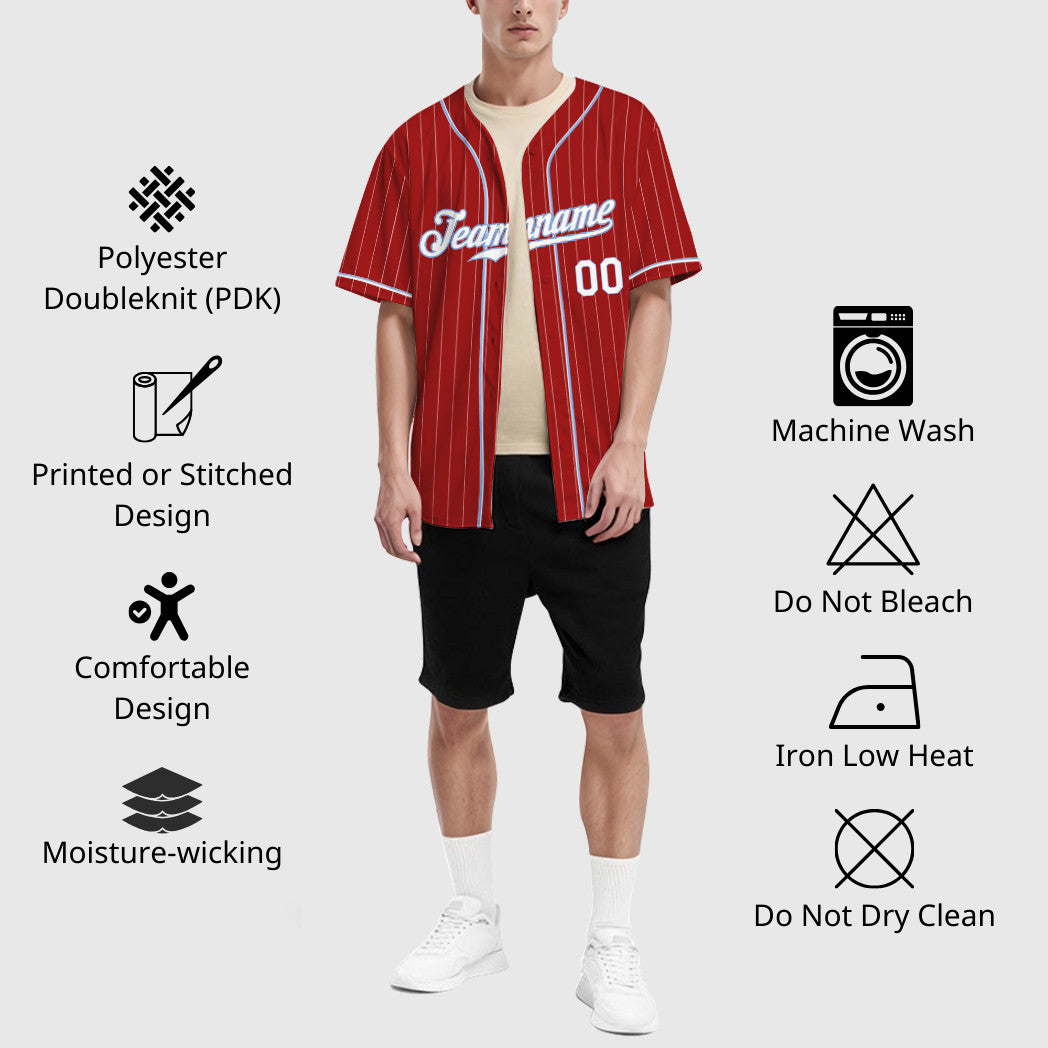 Custom Red White White-Light Blue Piping Pinstripe Baseball Jersey