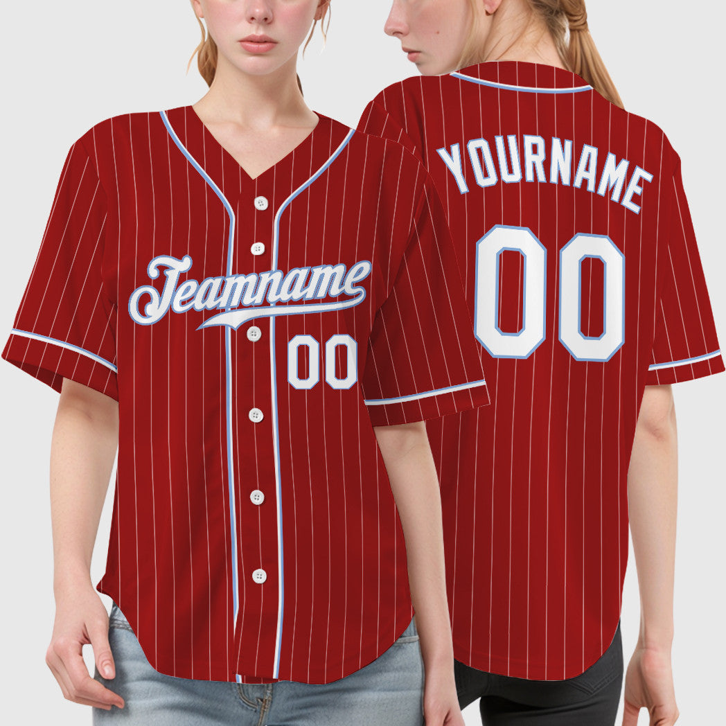 Custom Red White White-Light Blue Piping Pinstripe Baseball Jersey