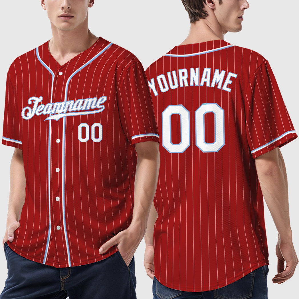 Custom Red White White-Light Blue Piping Pinstripe Baseball Jersey