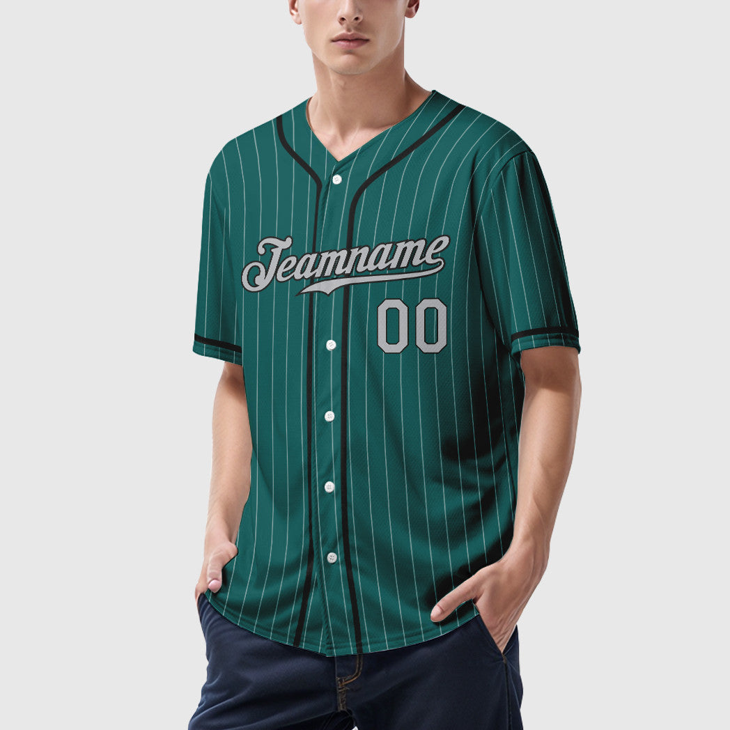 Custom Teal Gray Black Piping Pinstripe Baseball Jersey