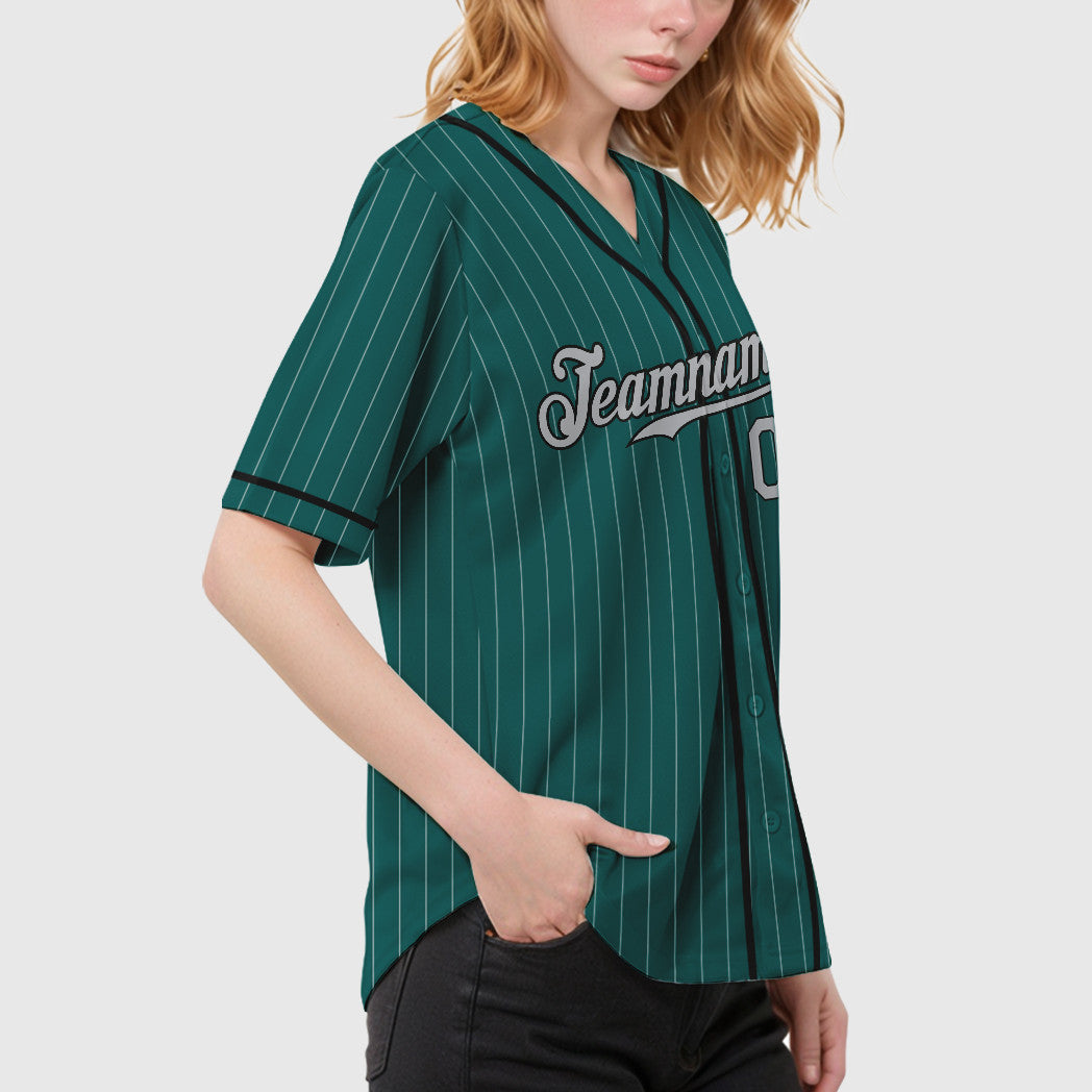 Custom Teal Gray Black Piping Pinstripe Baseball Jersey