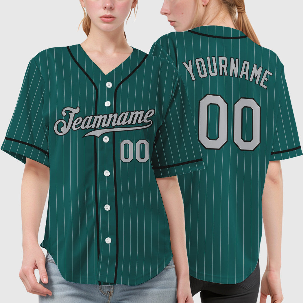 Custom Teal Gray Black Piping Pinstripe Baseball Jersey