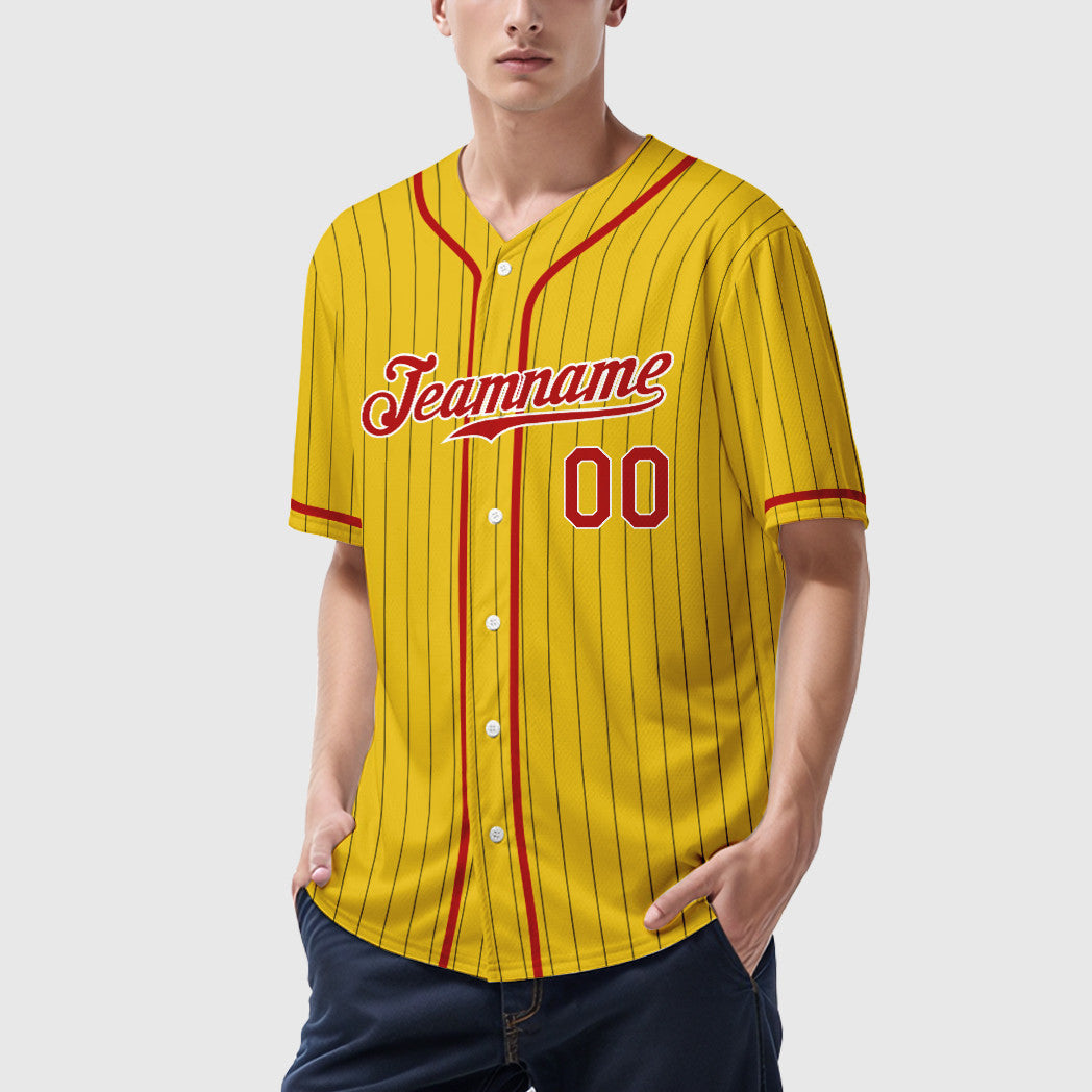 Custom Yellow Black Red-White Piping Pinstripe Baseball Jersey