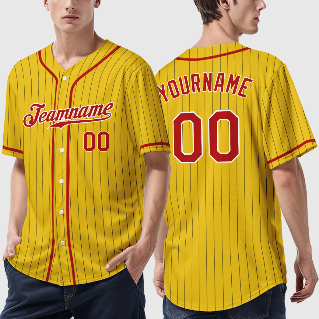 Custom Yellow Black Red-White Piping Pinstripe Baseball Jersey