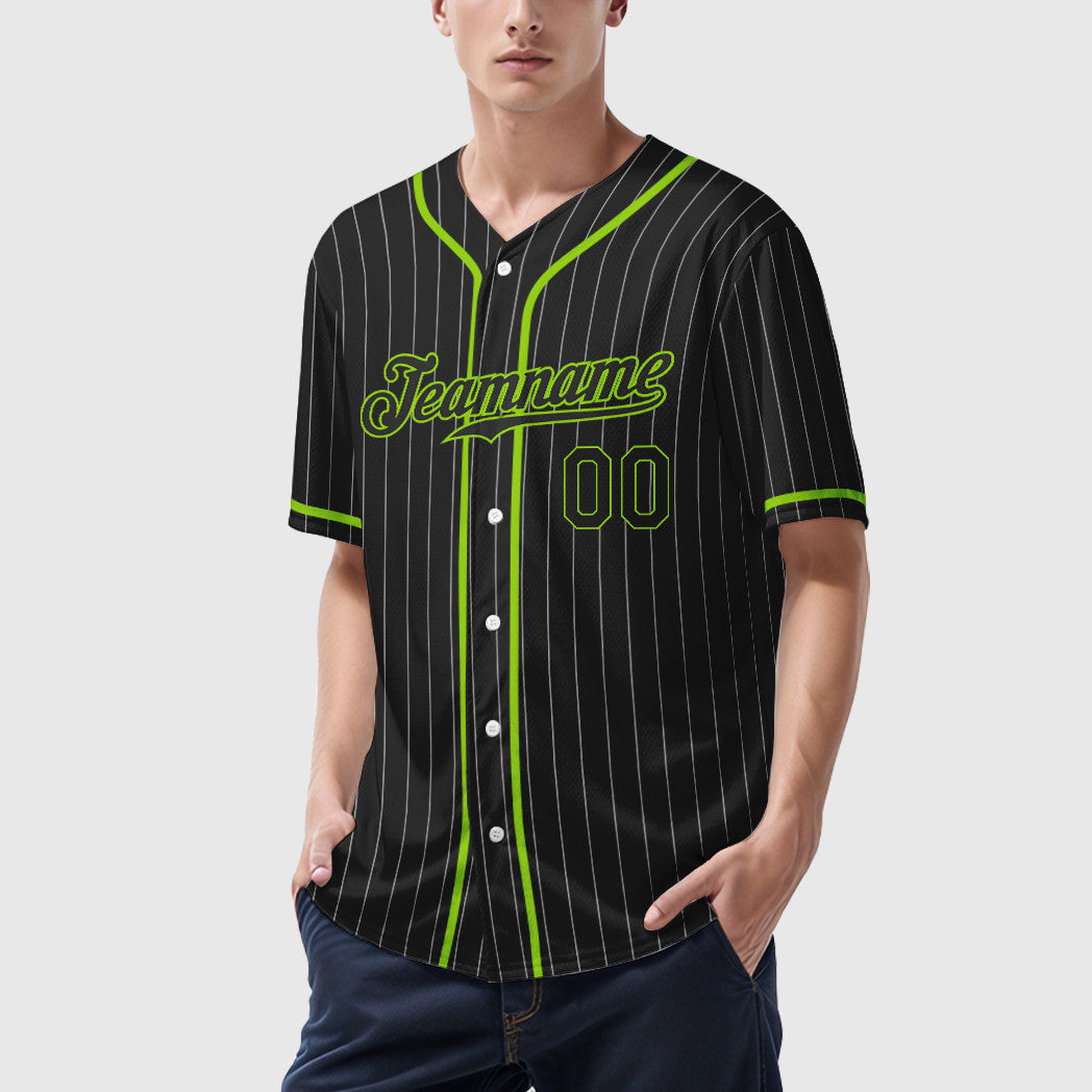 Custom Black White Black-Neon Green Piping Pinstripe Baseball Jersey