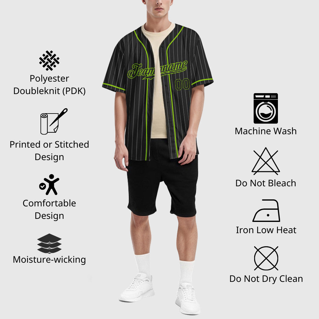 Custom Black White Black-Neon Green Piping Pinstripe Baseball Jersey
