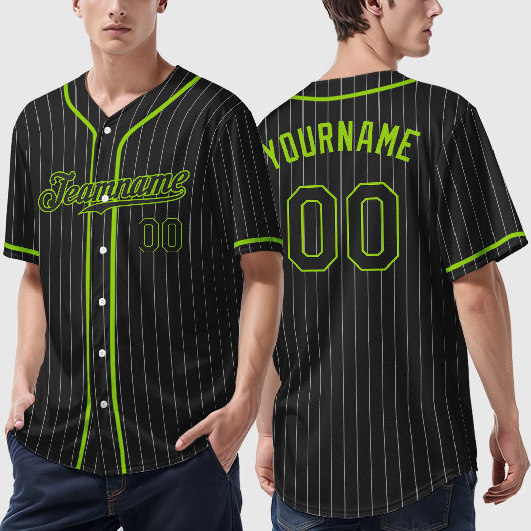 Custom Black White Black-Neon Green Piping Pinstripe Baseball Jersey
