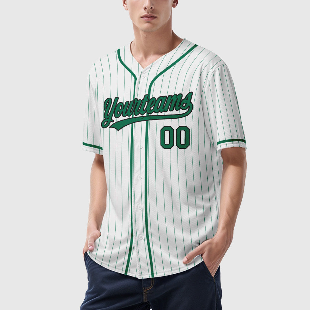 Custom White Kelly Green Black Piping Pinstripe Baseball Jersey