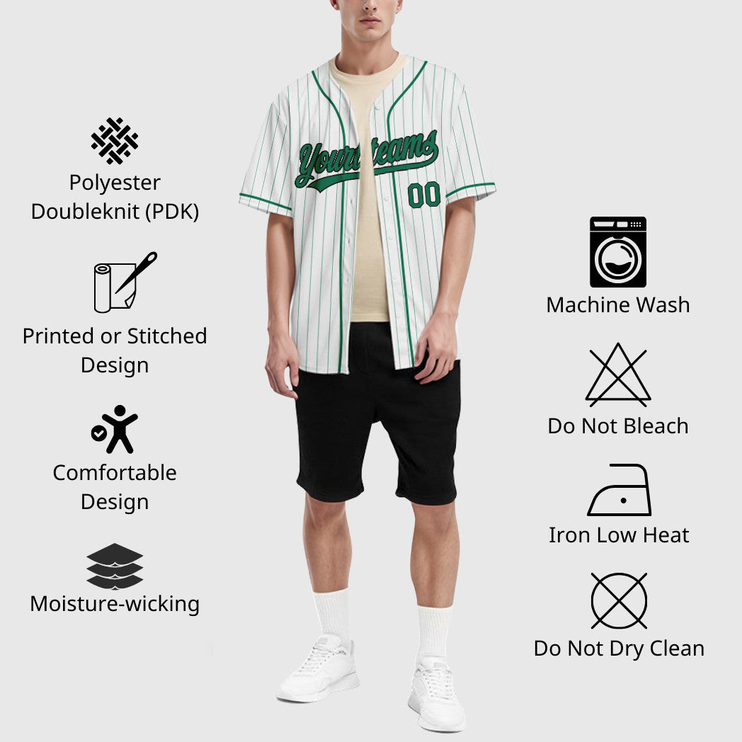Custom White Kelly Green Black Piping Pinstripe Baseball Jersey