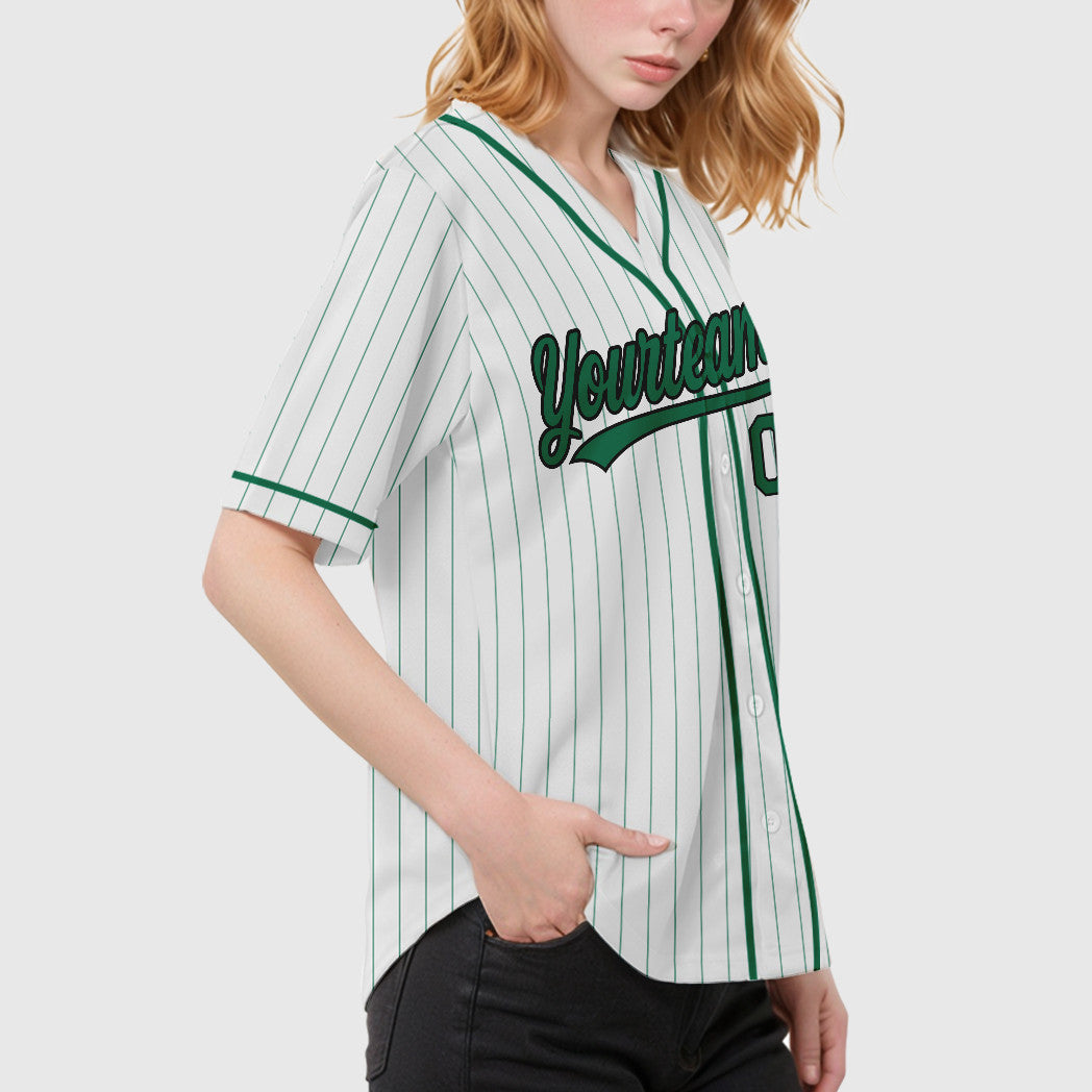 Custom White Kelly Green Black Piping Pinstripe Baseball Jersey