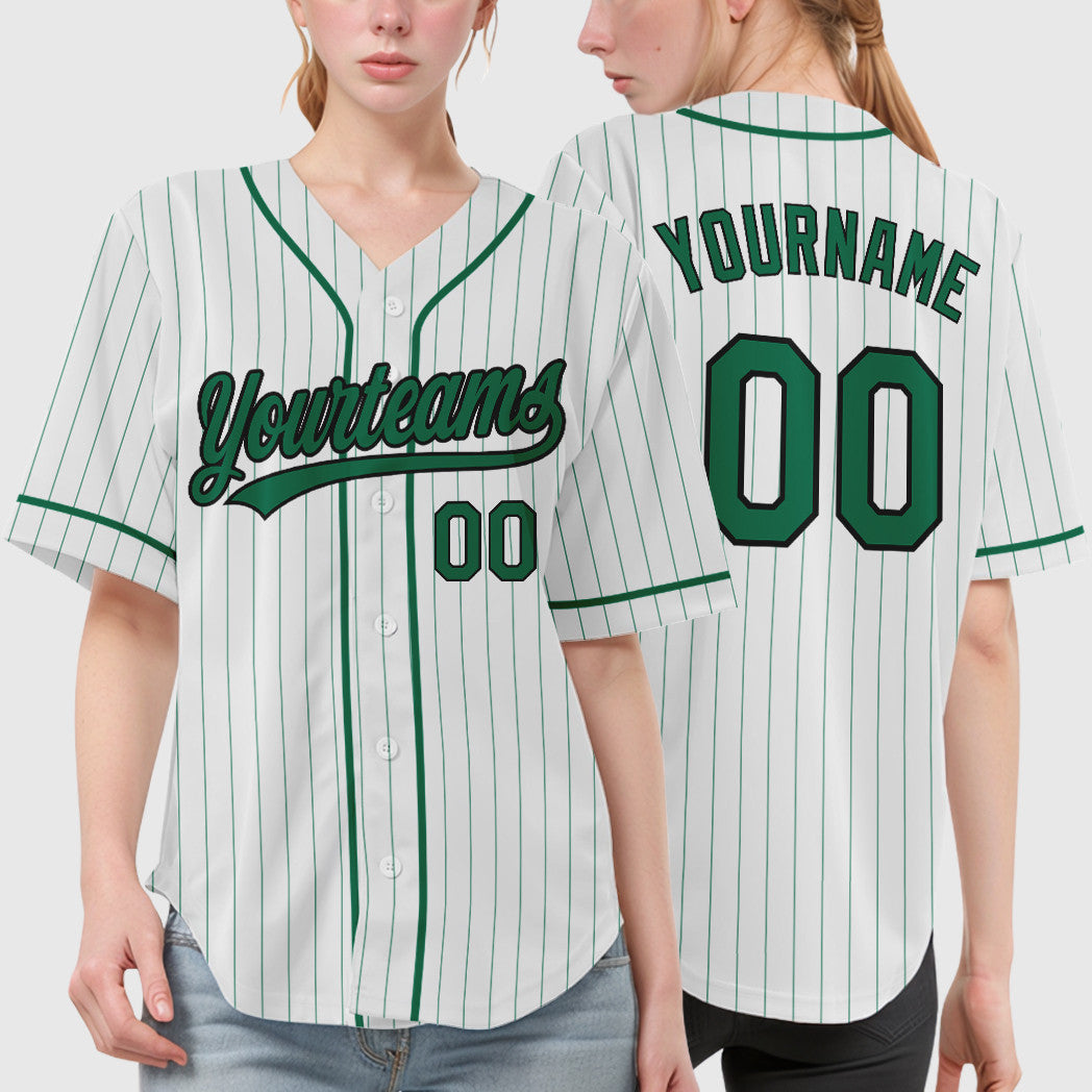 Custom White Kelly Green Black Piping Pinstripe Baseball Jersey