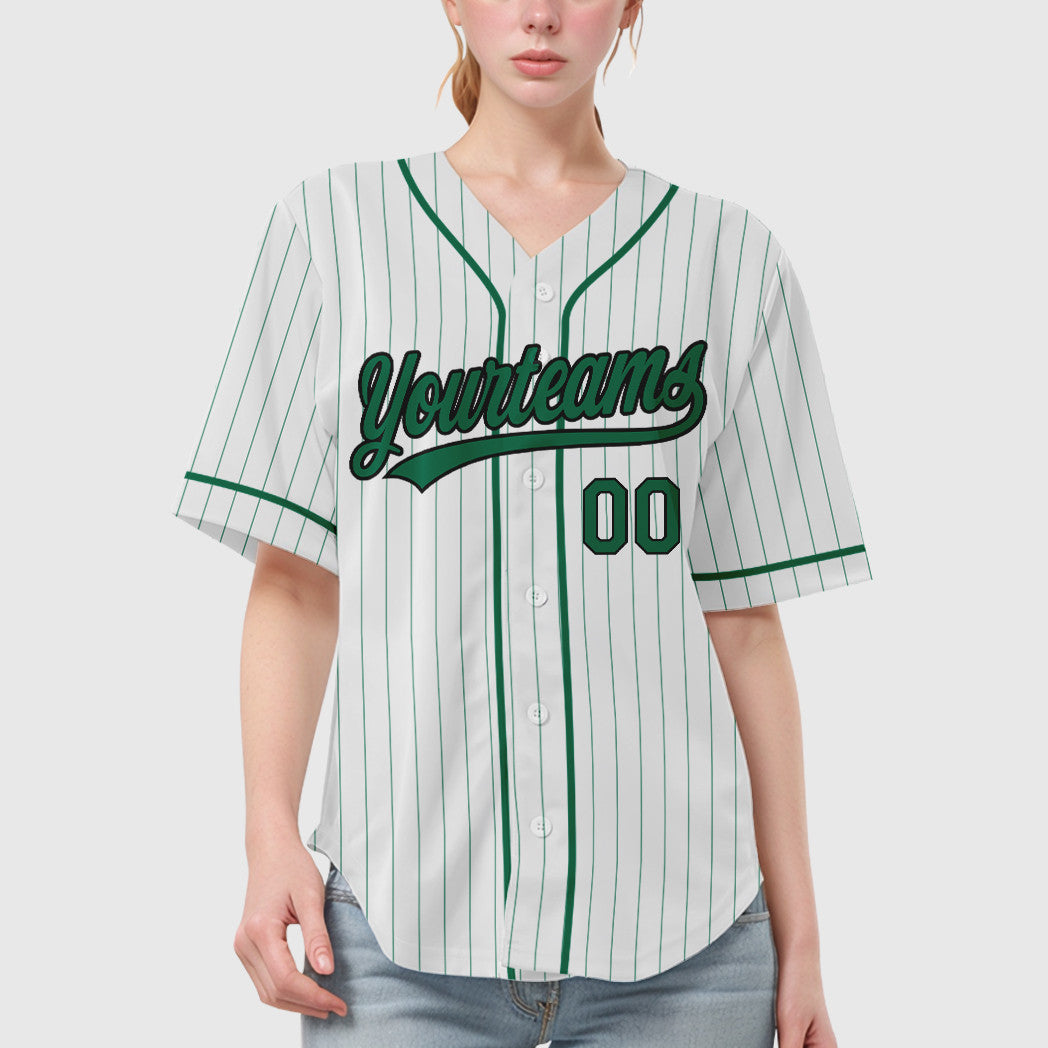 Custom White Kelly Green Black Piping Pinstripe Baseball Jersey