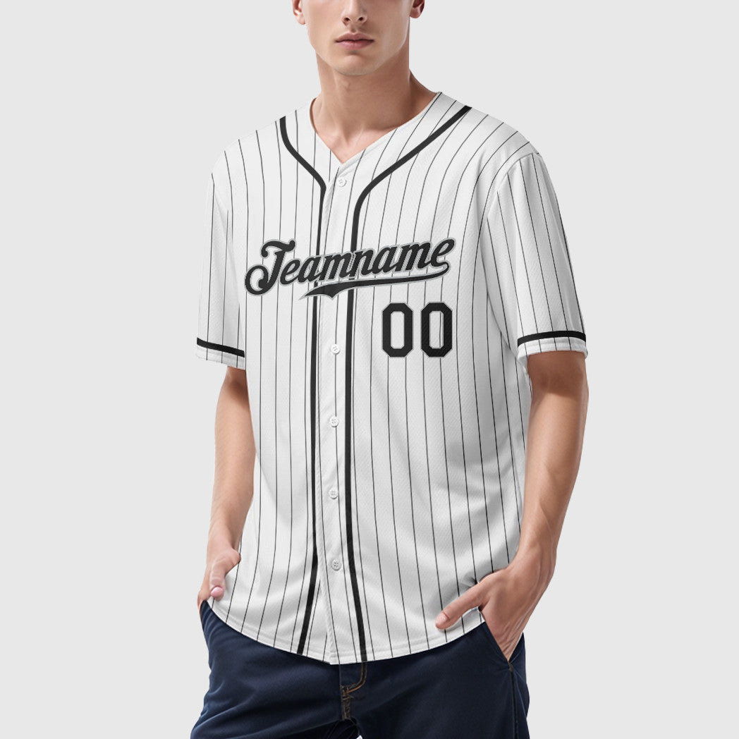 Custom White Black Black-Gray Piping Pinstripe Baseball Jersey