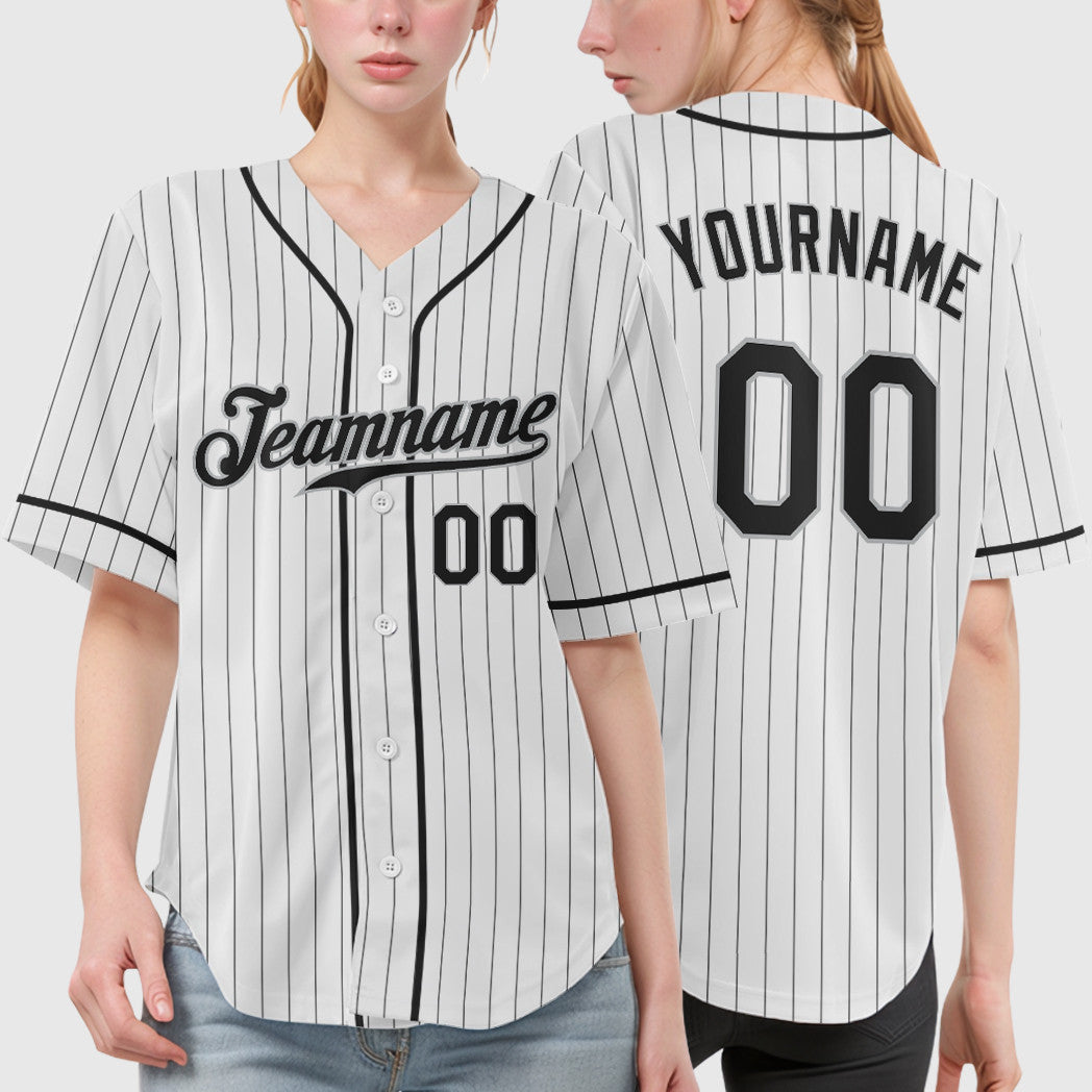 Custom White Black Black-Gray Piping Pinstripe Baseball Jersey