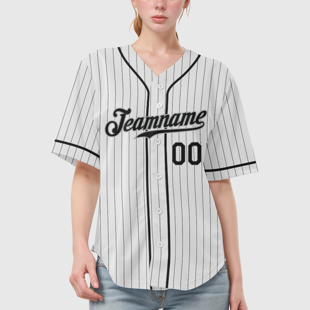Custom White Black Black-Gray Piping Pinstripe Baseball Jersey