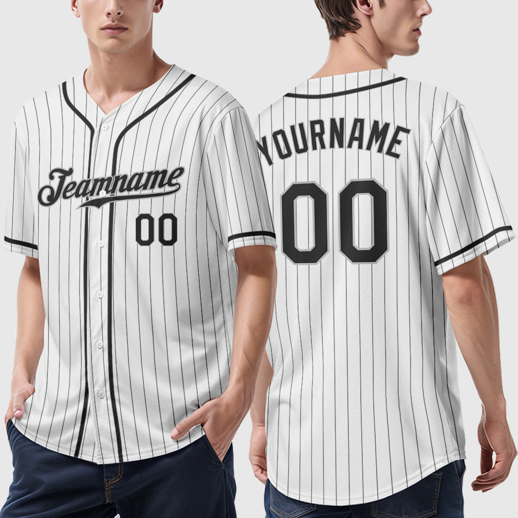 Custom White Black Black-Gray Piping Pinstripe Baseball Jersey