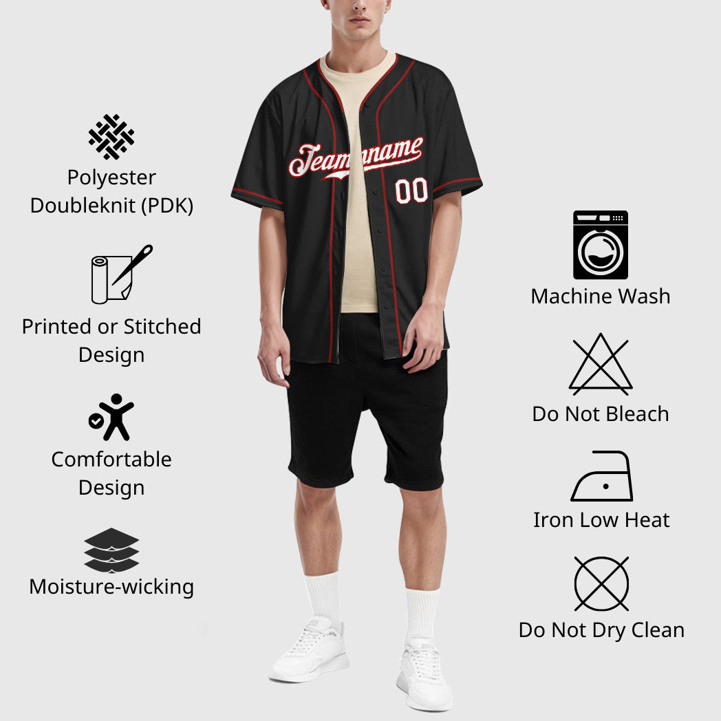 Custom Black White White-Red Piping Baseball Jersey