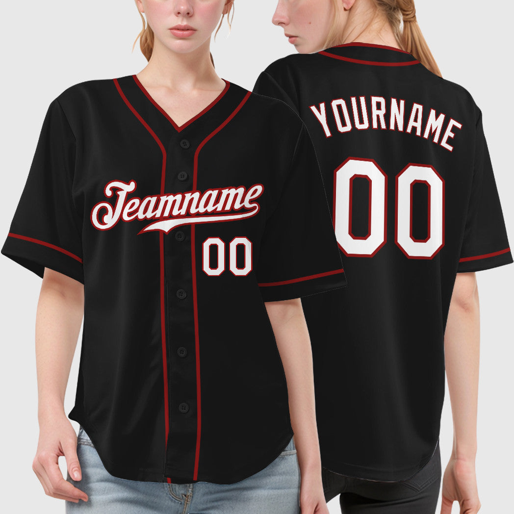 Custom Black White White-Red Piping Baseball Jersey
