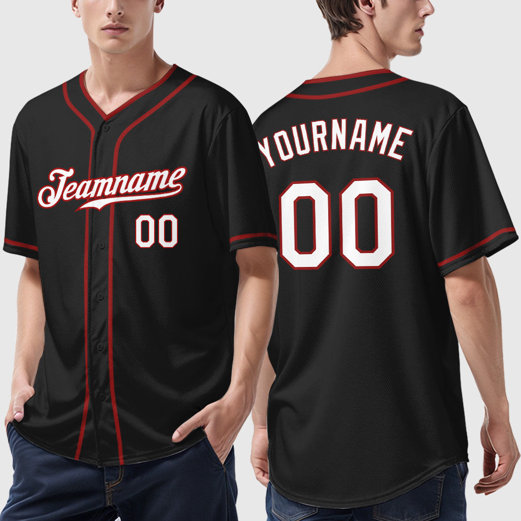 Custom Black White White-Red Piping Baseball Jersey