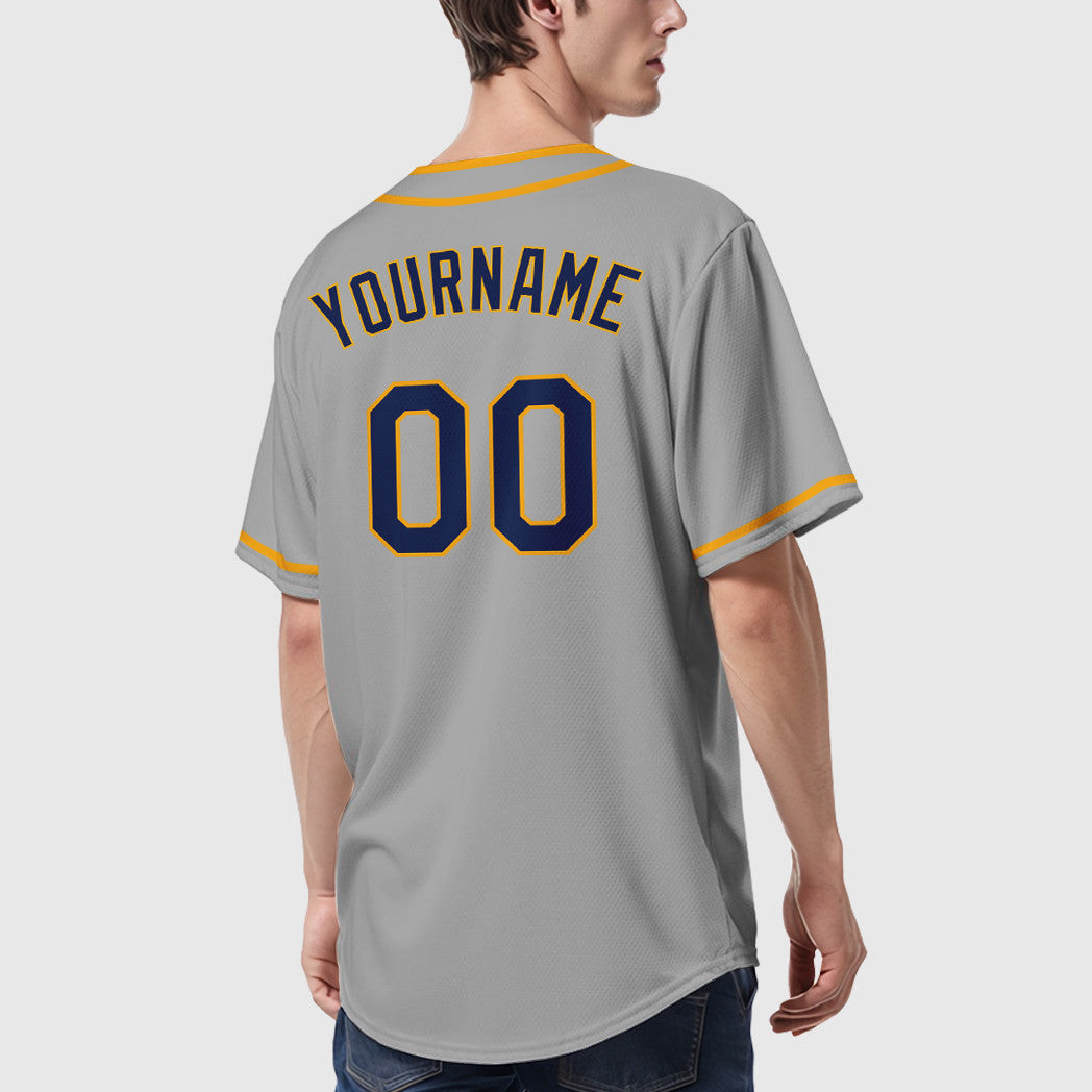 Custom Gray Navy Navy-Gold Piping Baseball Jersey