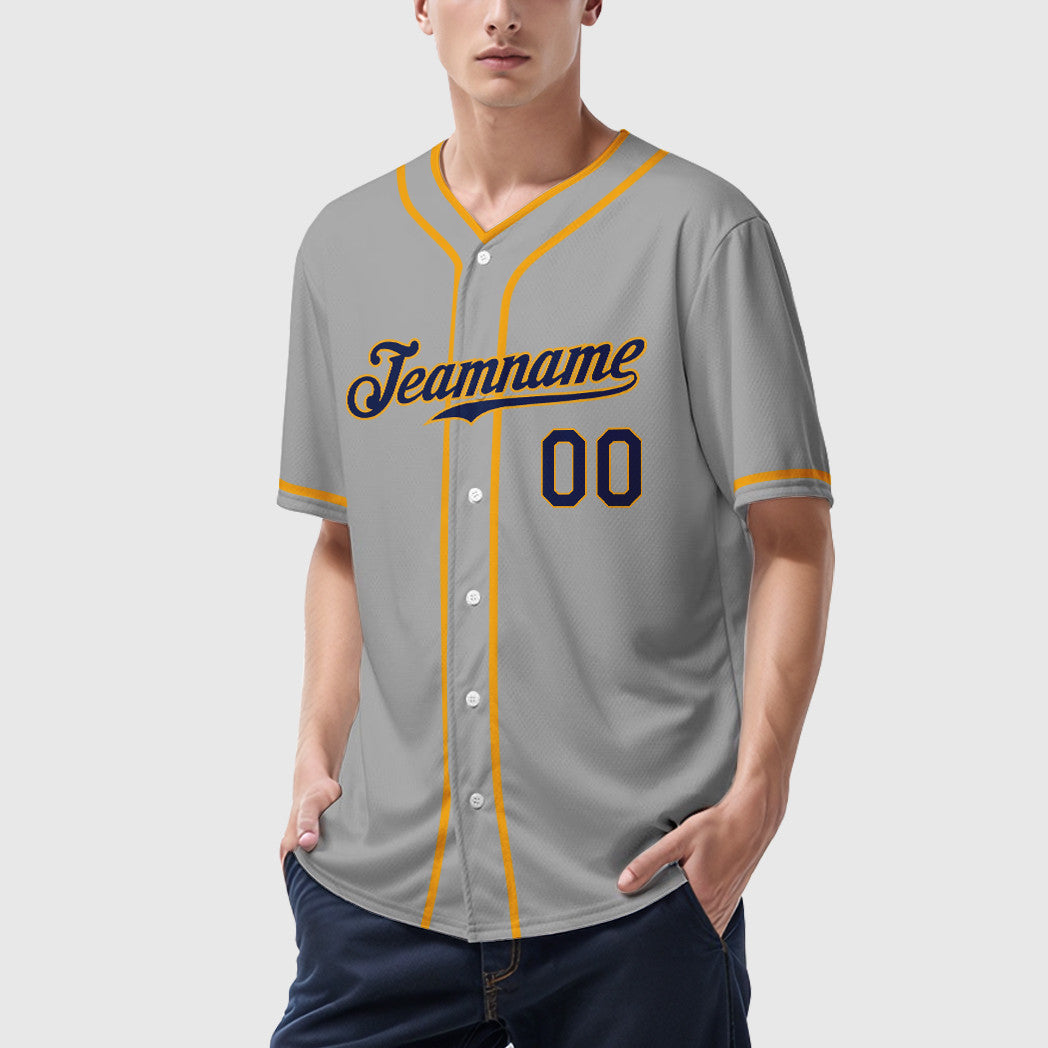 Custom Gray Navy Navy-Gold Piping Baseball Jersey