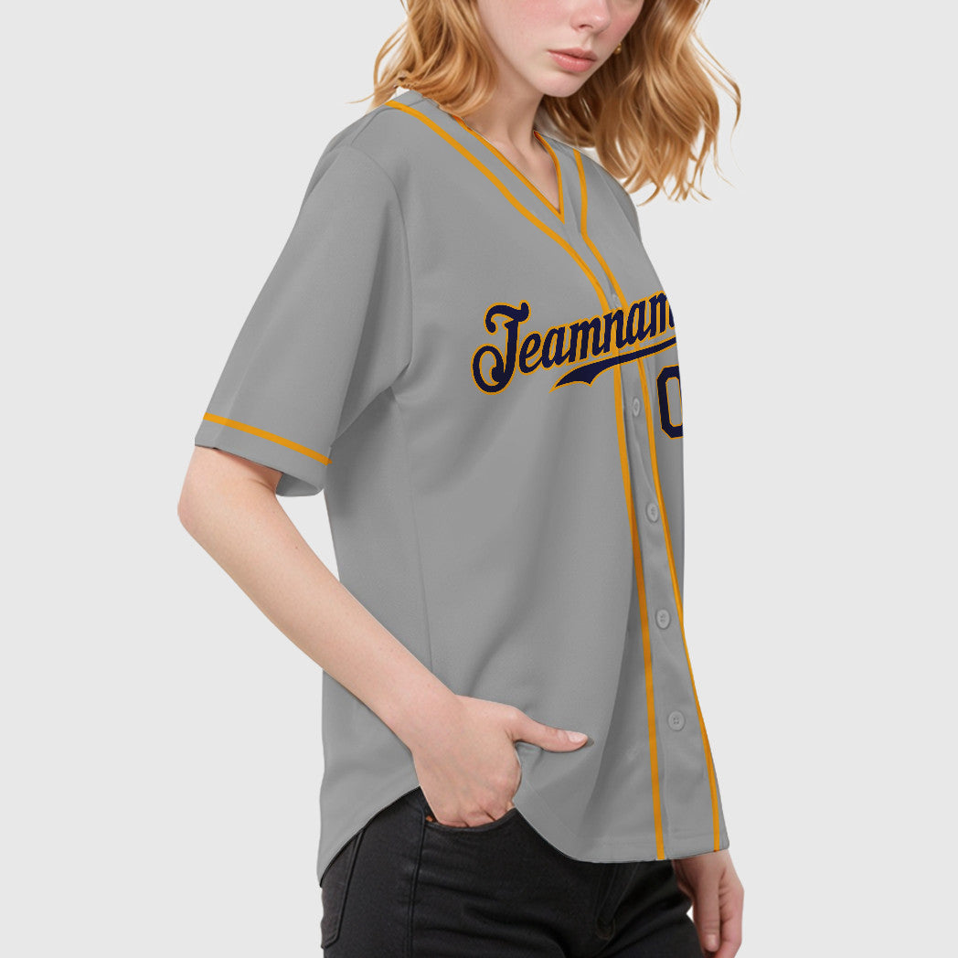 Custom Gray Navy Navy-Gold Piping Baseball Jersey